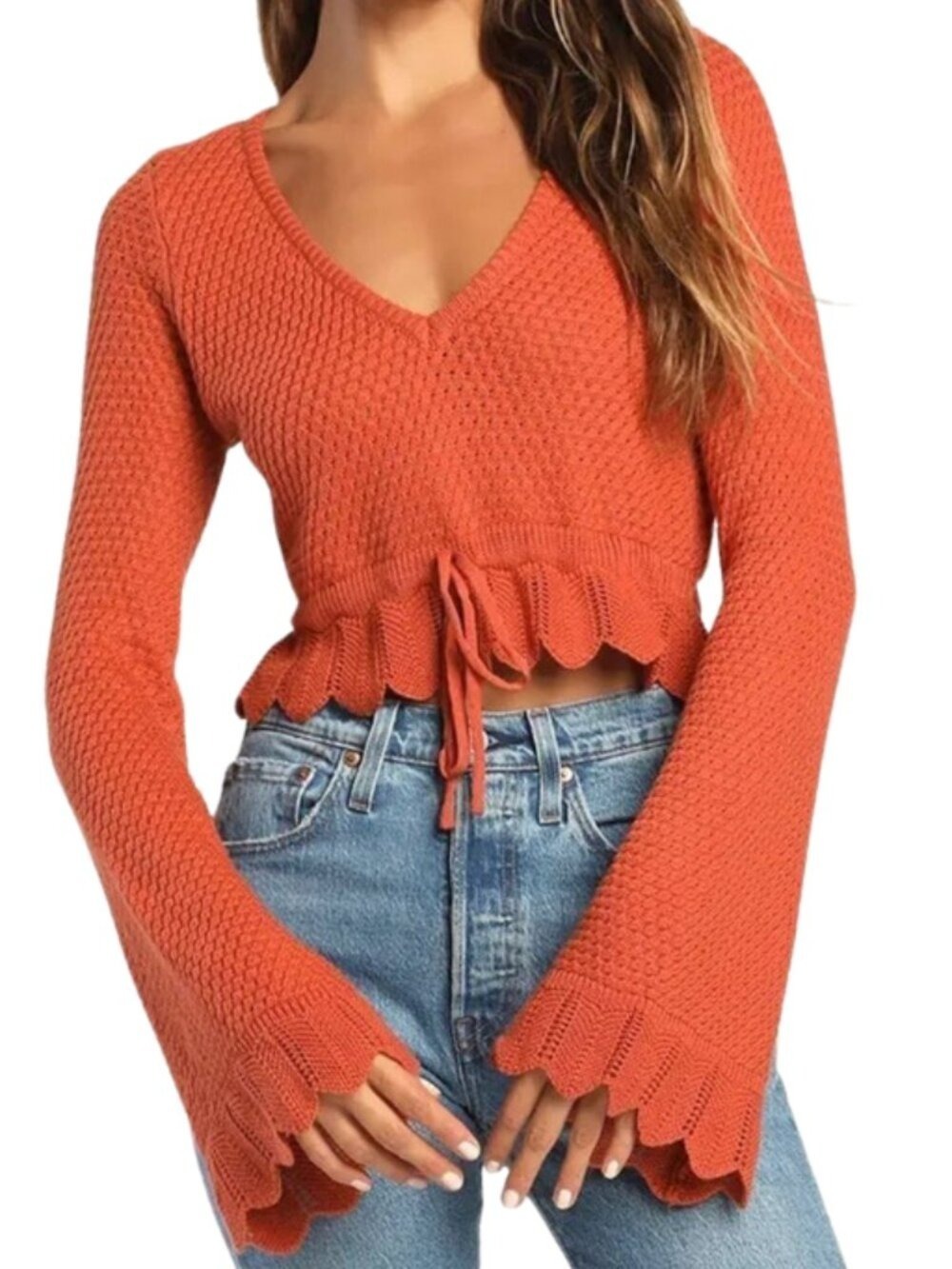 Lulus Total Frills Rust Orange Knit Drawstring Cropped Sweater Top